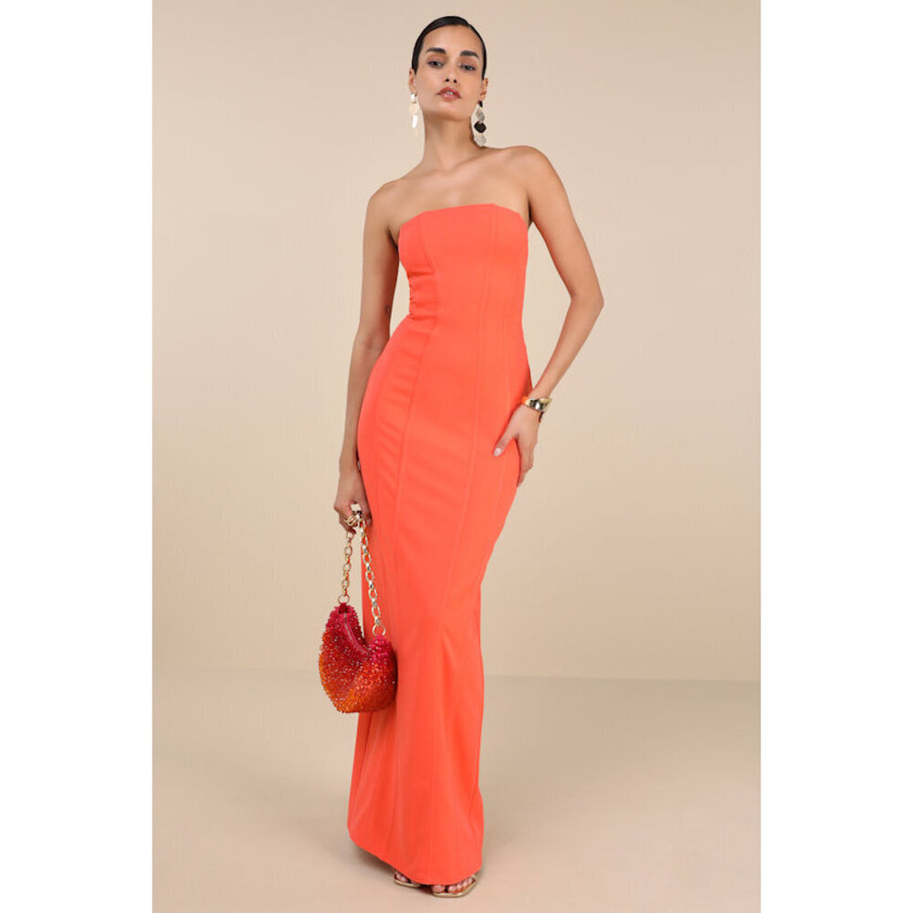Lulus Ismene Bright Orange Seamed Strapless Maxi Dress - Size S
